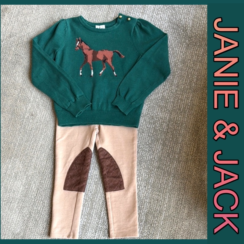 JANIE and JACK Pullover Hunter Green Horse Sweater and Tan Riding Pants Sz 3-4T